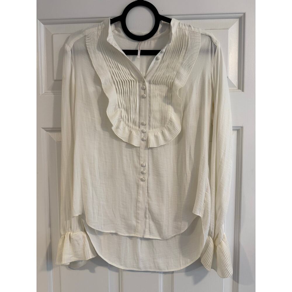 Free People Victoria Pleated Ruffle Button Down Blouse - Cream / Ivory - Small